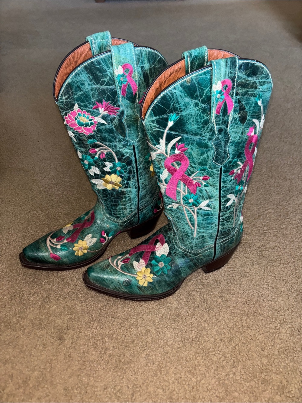 Women's Teal Embroidered Floral Cancer Ribbon Cowboy Western Boots 9.5